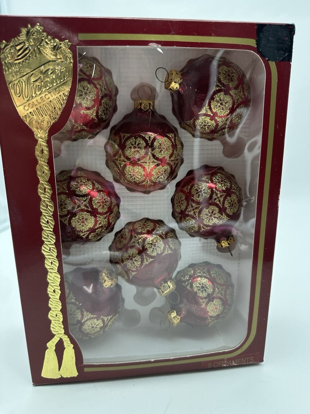8 Vintage Victoria Collection By Rauch Red Gold Glass Christmas Ornaments Glitte